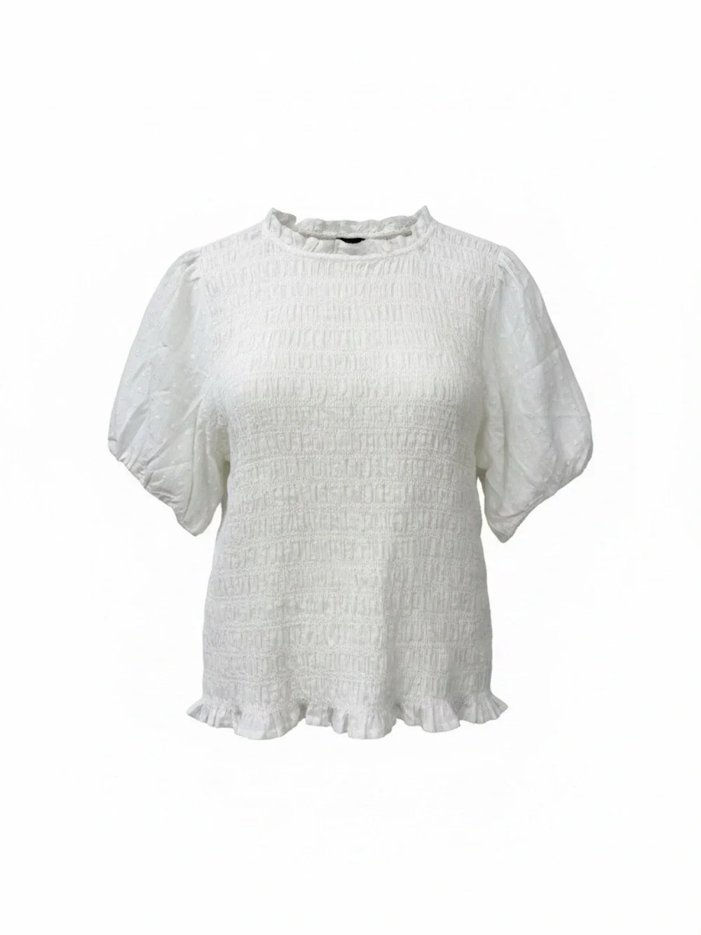 J. Crew White Smocked Puff-Sleeve Ruffle-Trim Blouse size XL